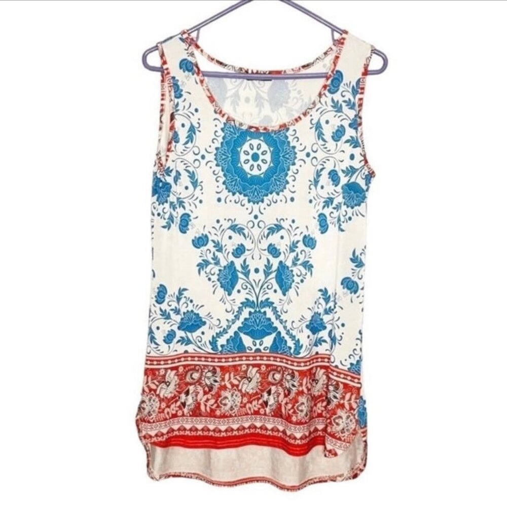 Lily by Firmiana Red White Blue Patterned Sleeveless Tunic‎ Women's size Small